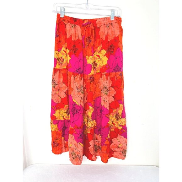 Violet SKies Large Boho Tiered Skirt Summer Floral Poppies Drawstring Rayon oran - Picture 1 of 6
